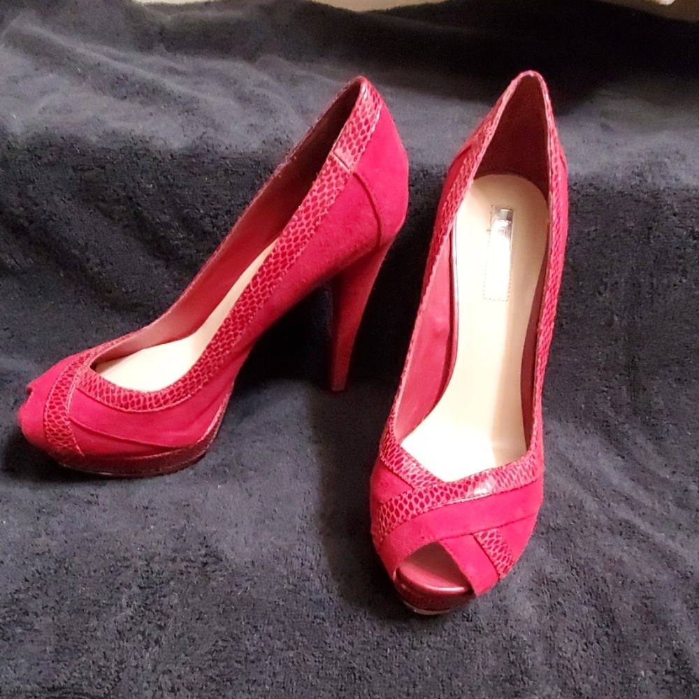 H by Halston Red Leather Suede Peep Toe Heels Sz 8